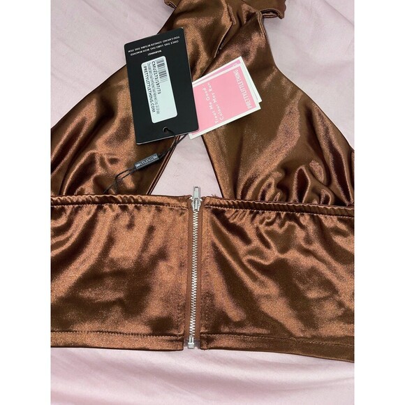 prettylittlething Chocolate Satin Cross Front Ruched Waist Halterneck Crop Top - Picture 11 of 11